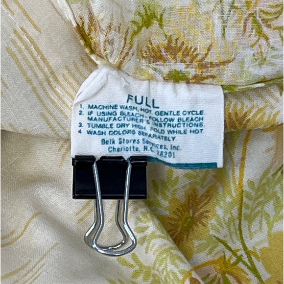 Vtg 70s Full Sheets Flat Fitted 2 Piece Set Green Gold Floral Bouquet Cottage - Picture 7 of 8